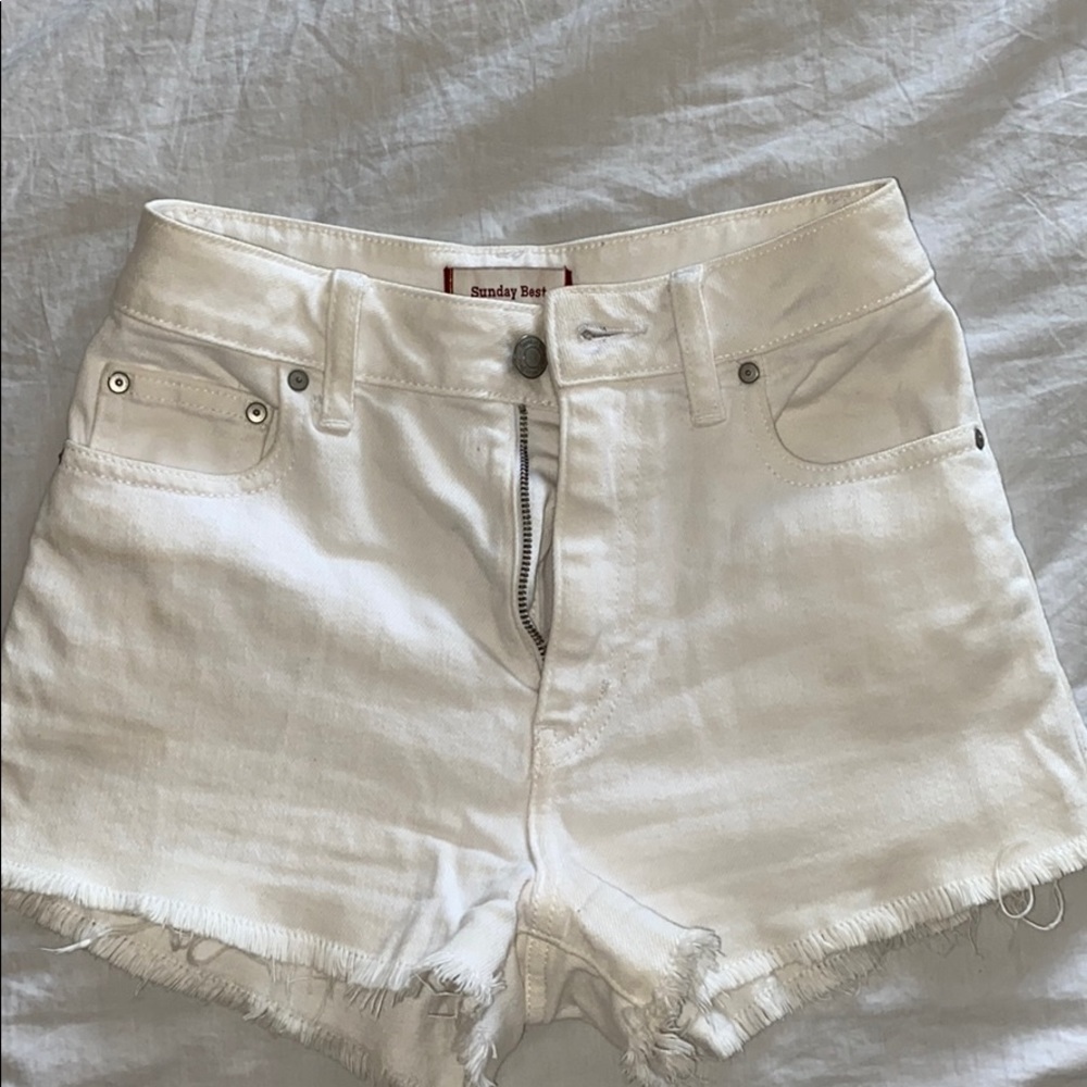 Aritzia high rise white denim shorts
